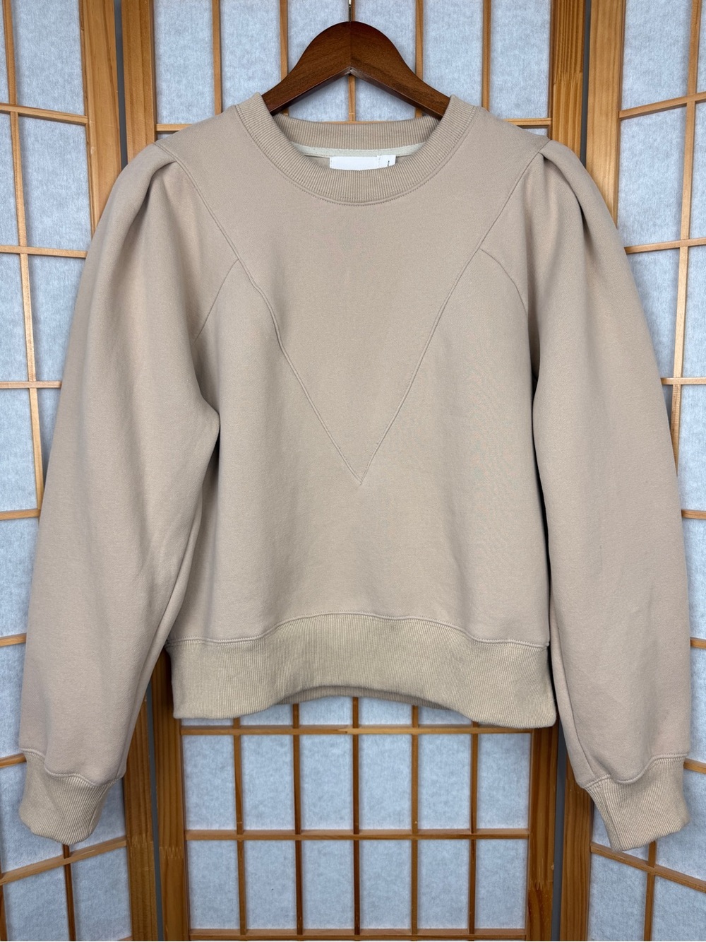 all:row 100% Cotton Beige Puff Sleeve V-Stitch Crewneck Sweatshirt Size Medium